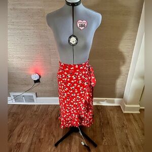 Faithfull The Brand Red Floral Wrap Midi Skirt Size 2